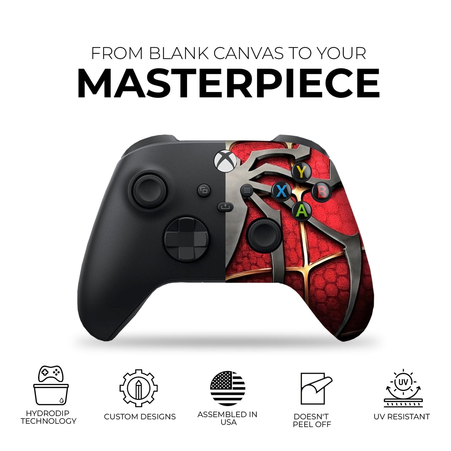 Red-and-black Spider-themed Xbox Series X/S controller with face buttons and textured right grip