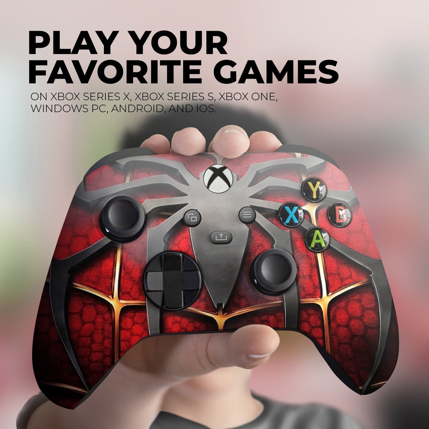 Red Spider-themed Xbox controller with web design, colored button icons, and matte black stick tops