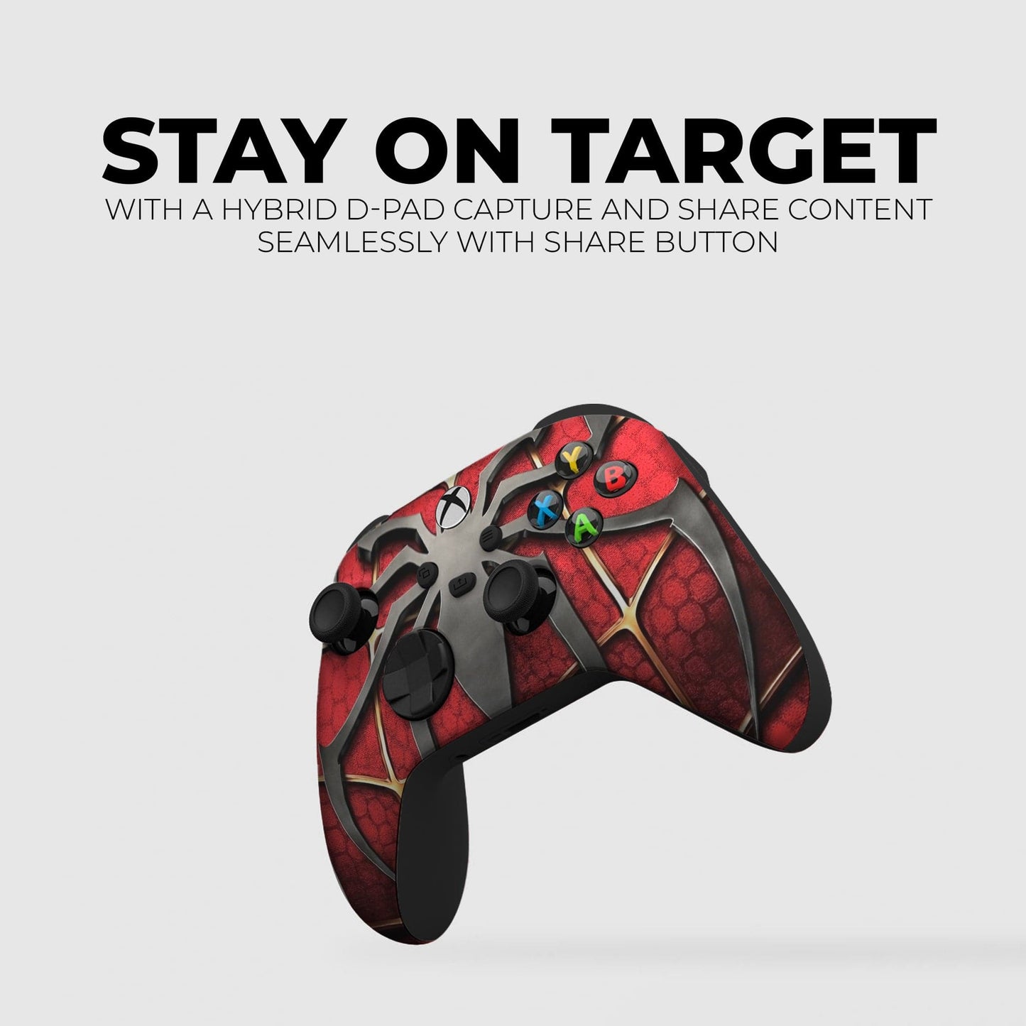 Angled Spider-themed Xbox controller with red web body, black grips, and A/B/X/Y button colors