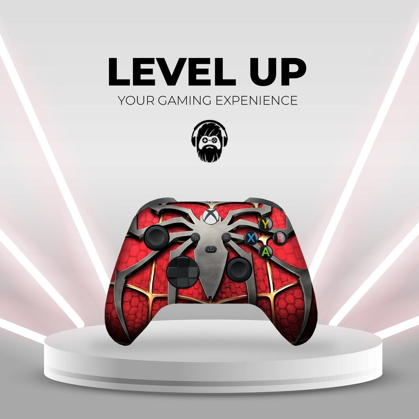 Spider-themed Xbox controller on a pedestal, red web design and colored A/B/X/Y face buttons