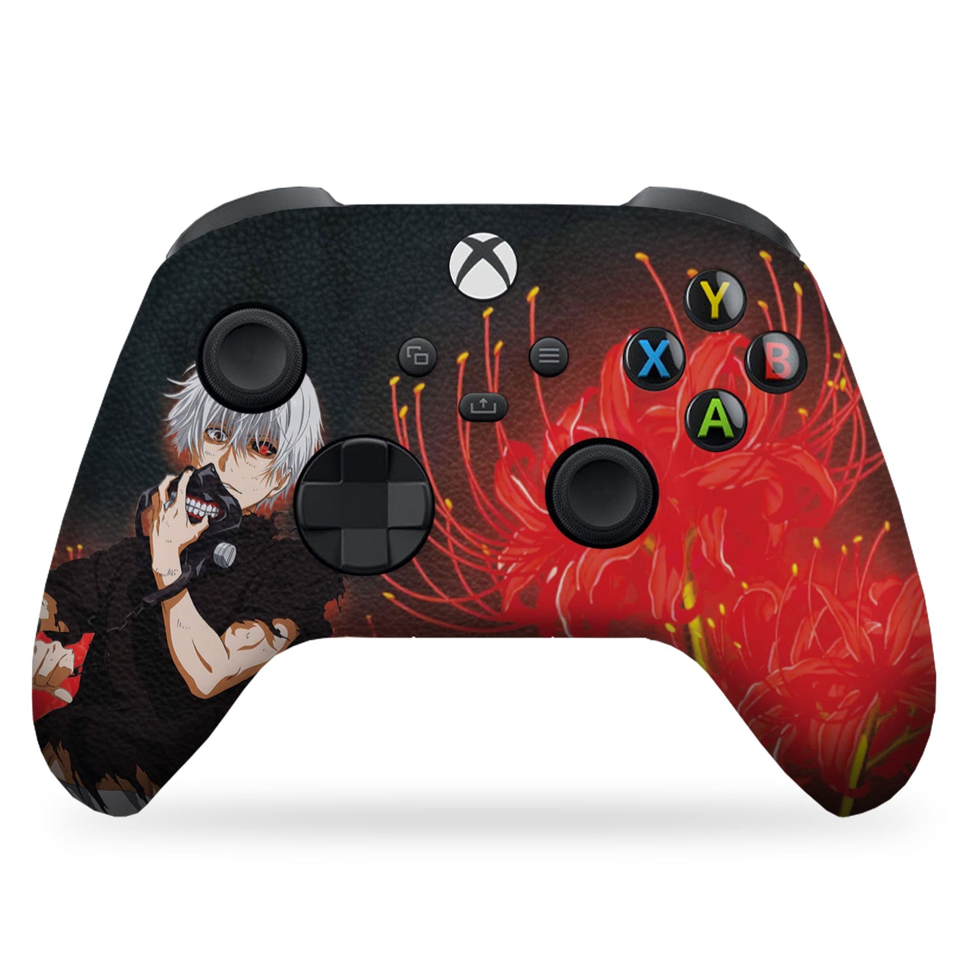 Xbox Series X/S controller with black red anime graphic and colored X Y A B buttons