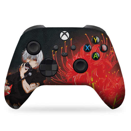Xbox Series X/S controller with black red anime graphic and colored X Y A B buttons