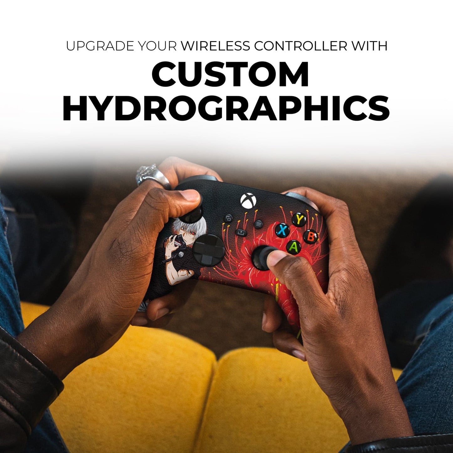 Xbox Series X/S controller held in hands, black with red anime design and X Y A B buttons
