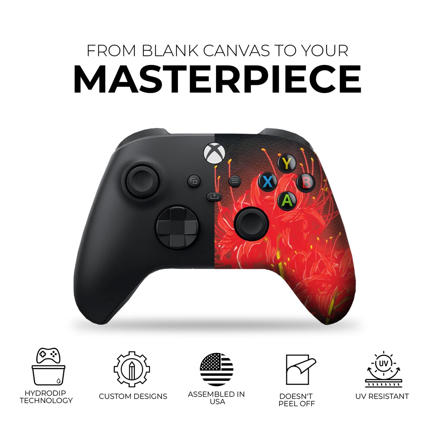 Xbox Series X/S controller front view, black with red anime artwork and large analog sticks