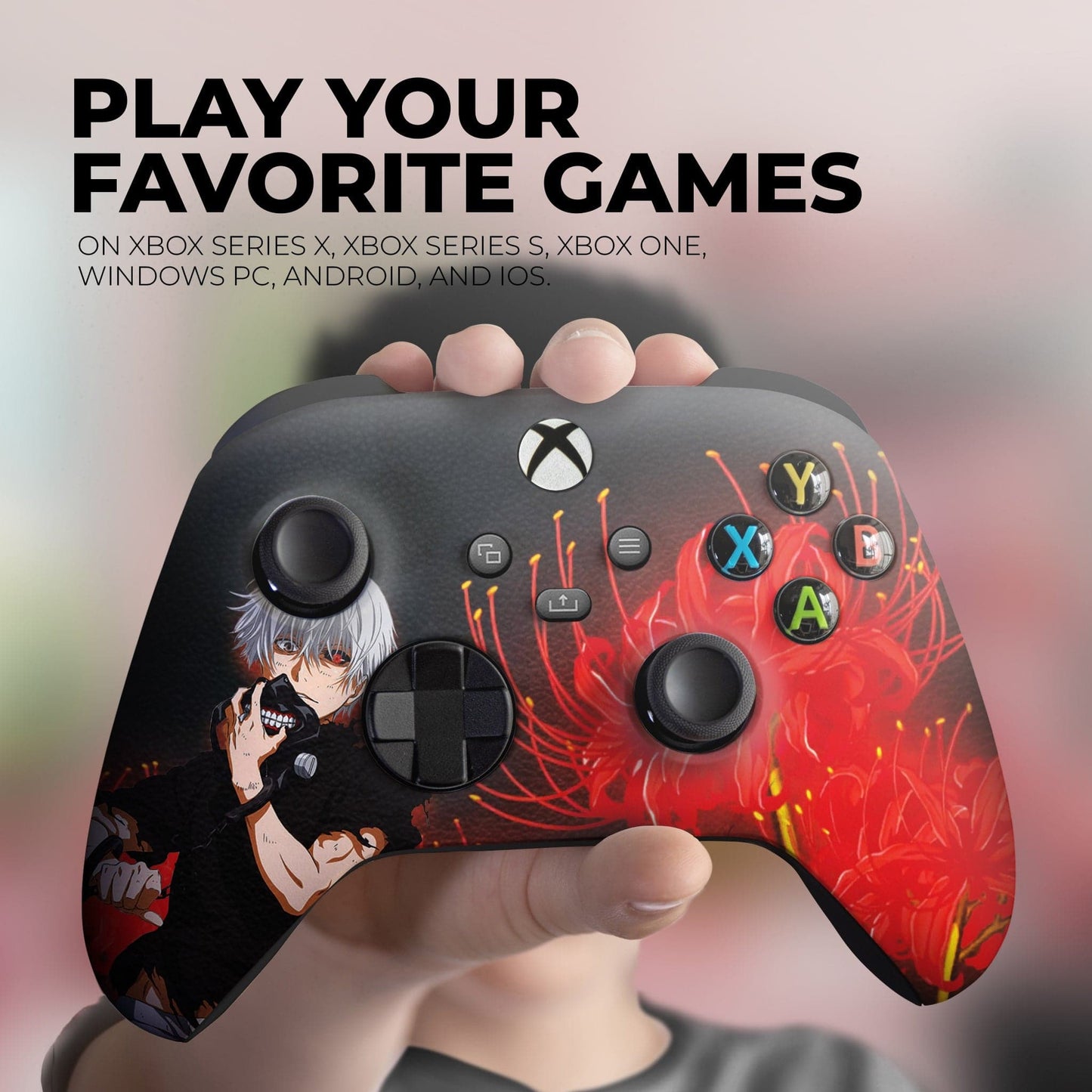 Xbox Series X/S controller in hand close-up, black red anime design with X Y A B buttons