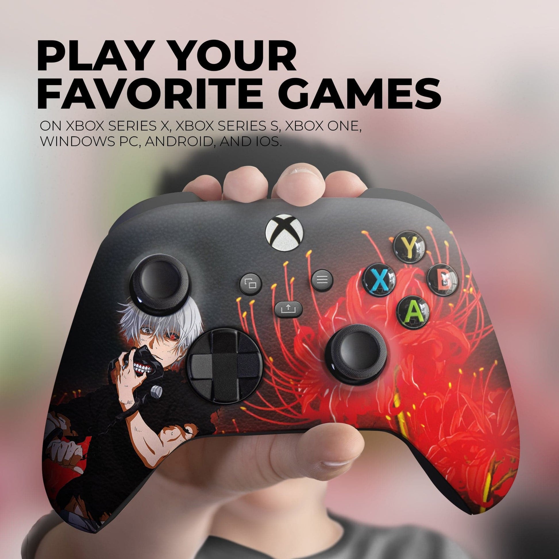 Xbox Series X/S controller in hand close-up, black red anime design with X Y A B buttons
