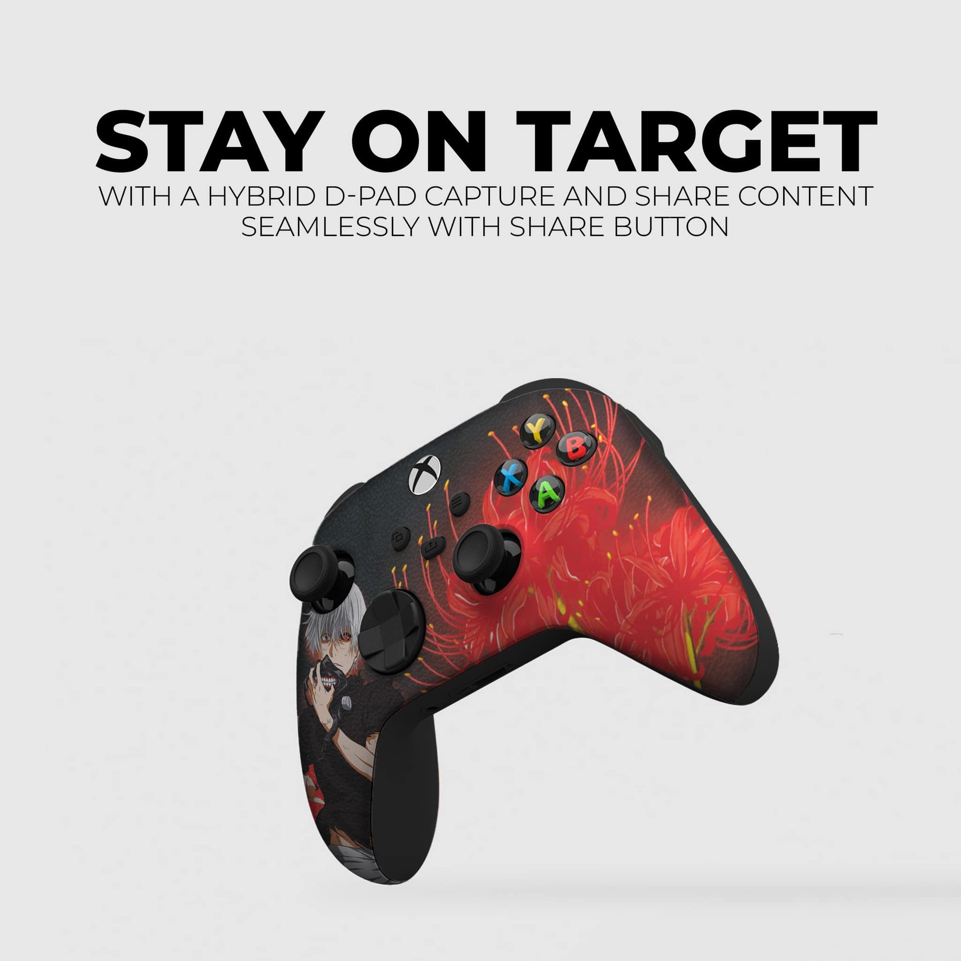 Xbox Series X/S controller angled view, black with red anime artwork and central d-pad buttons