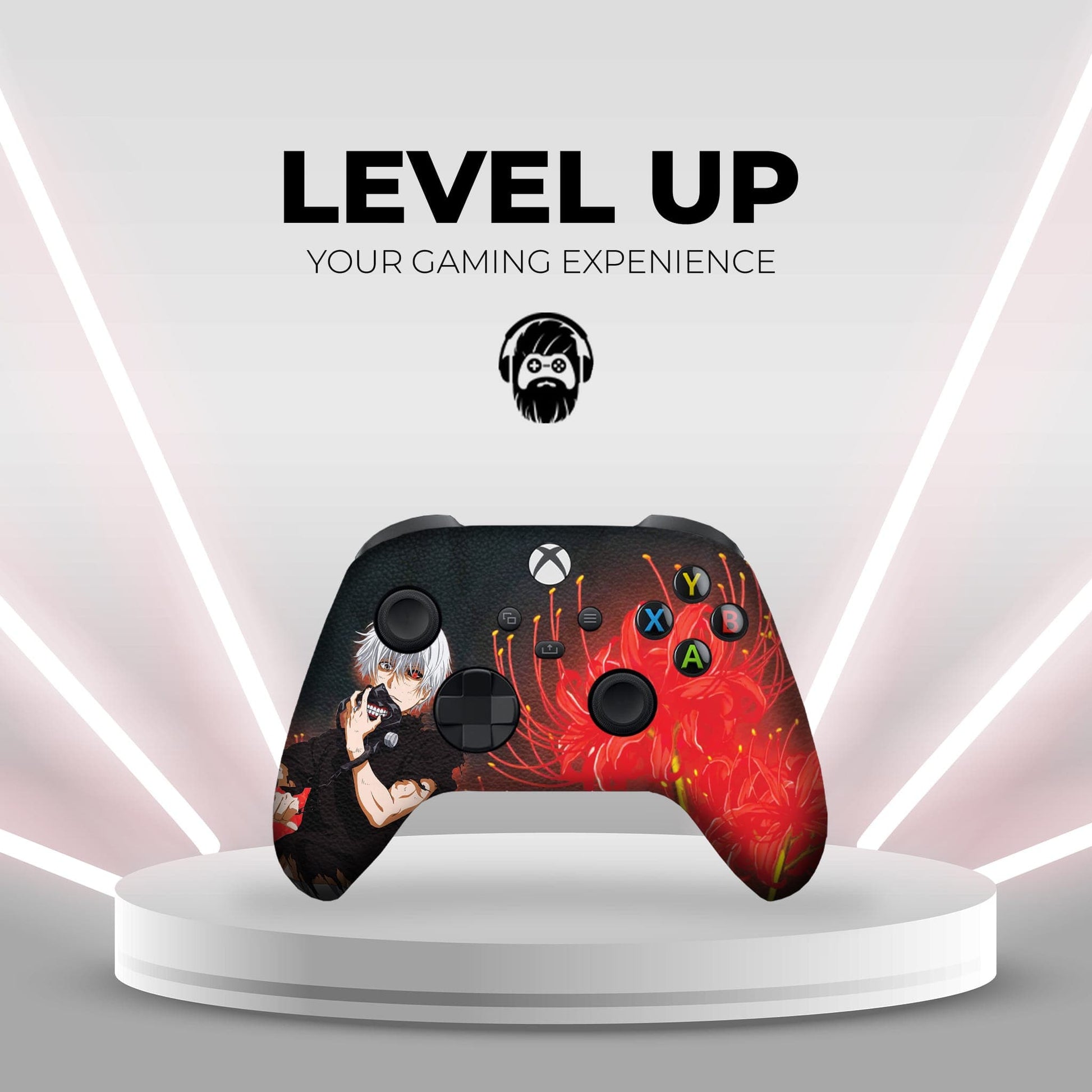 Xbox Series X/S controller on display stand, black with red anime design and colored action buttons