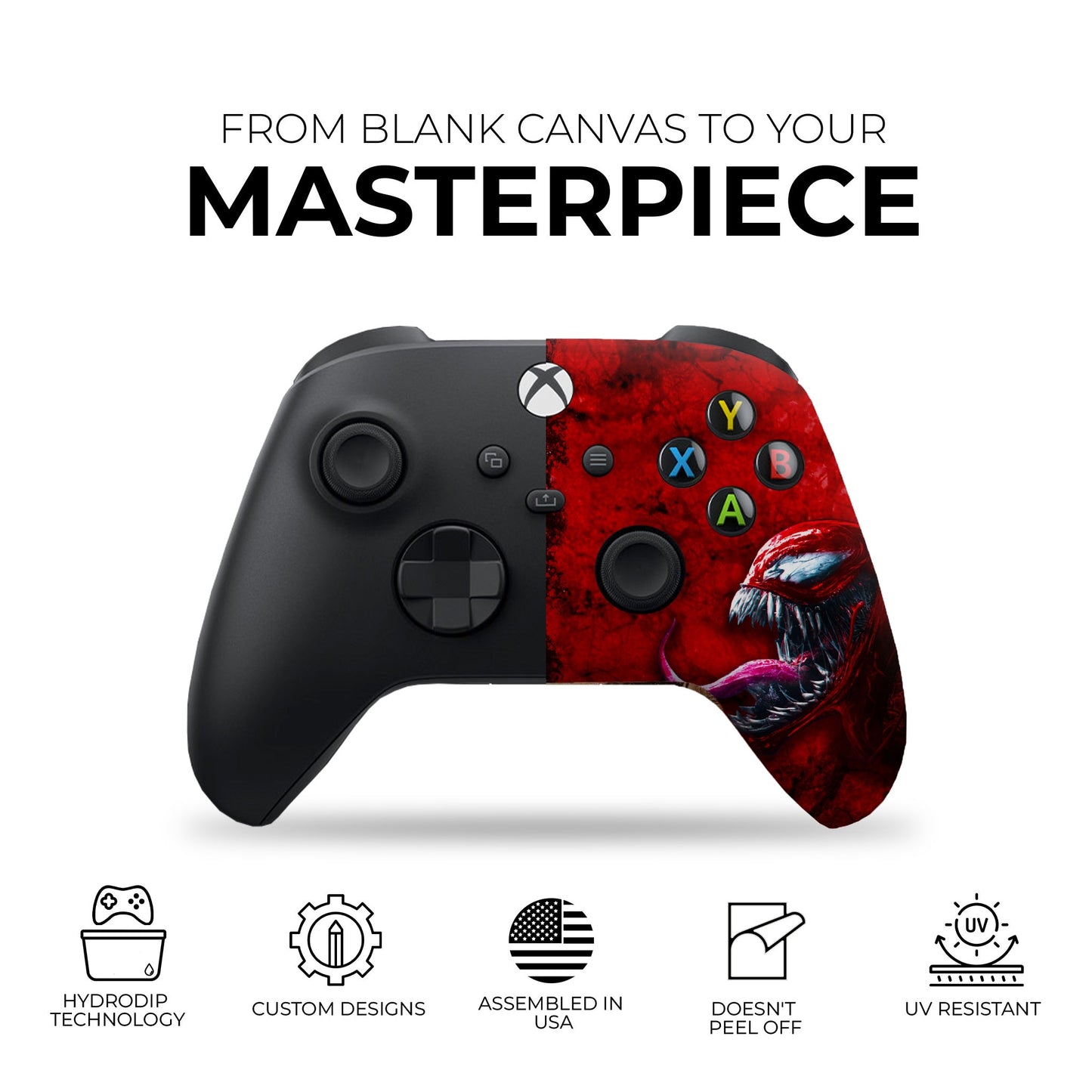 Xbox controller with black faceplate and red splatter artwork, thumbsticks and D-pad