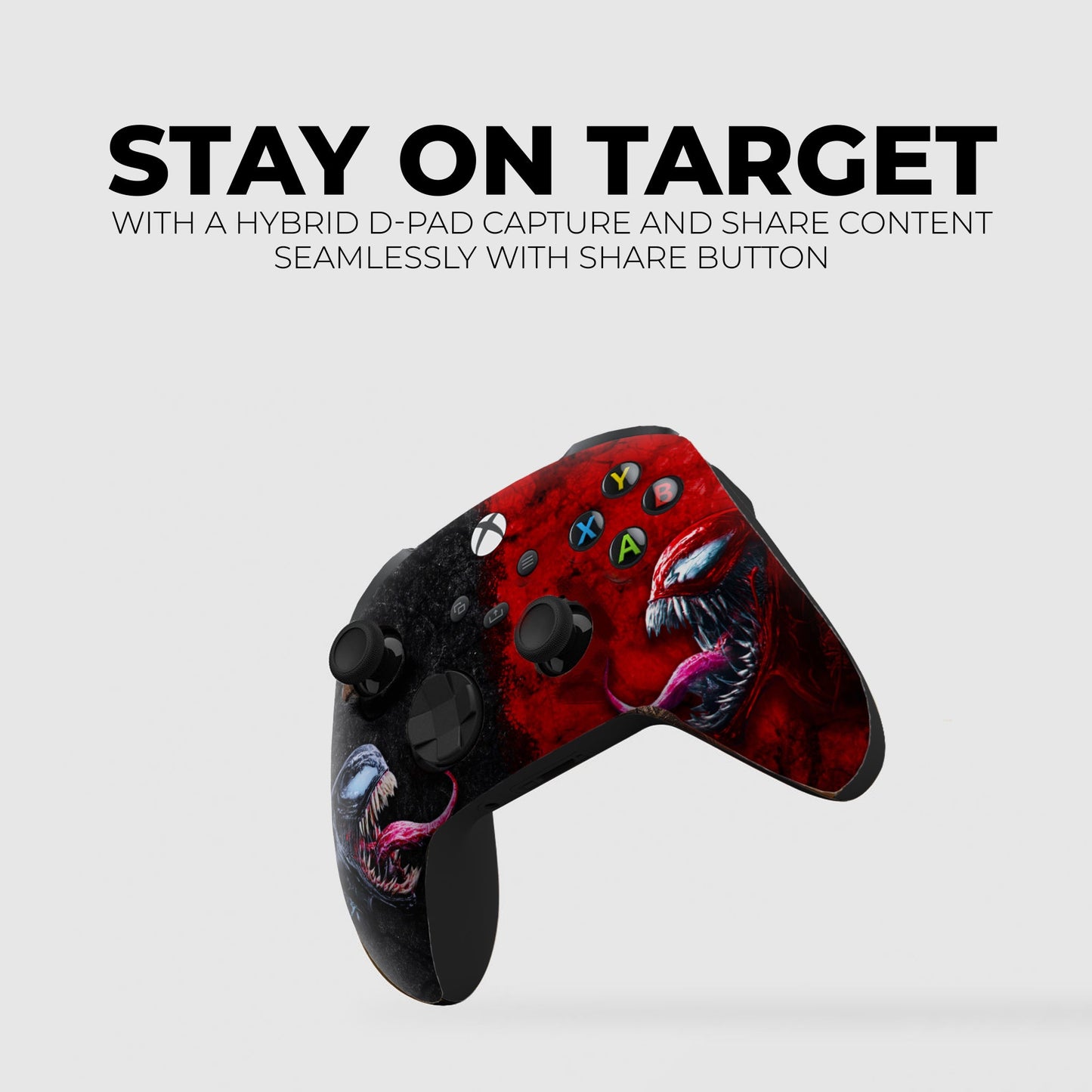 Angled Xbox controller with red and black monster face graphics and colored ABXY buttons