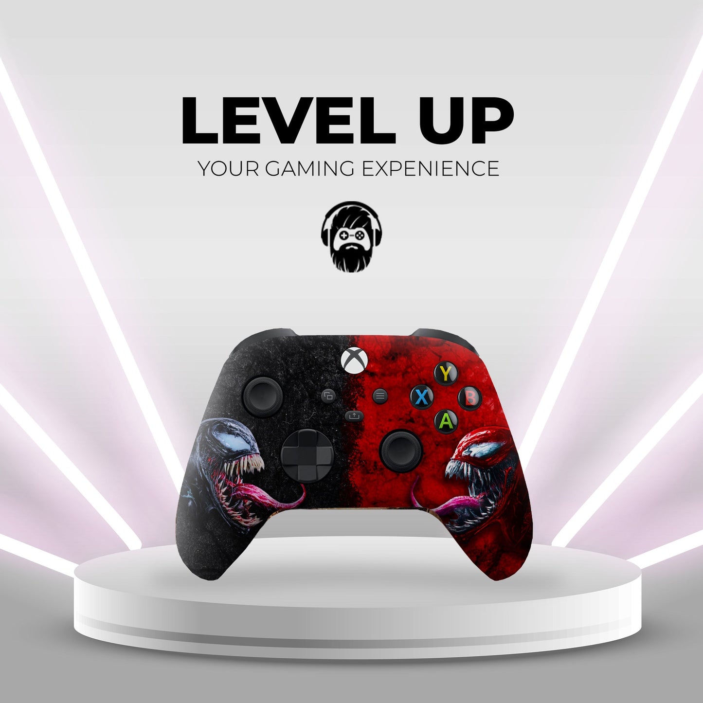 Xbox controller on display stand, red and black monster face design with ABXY buttons