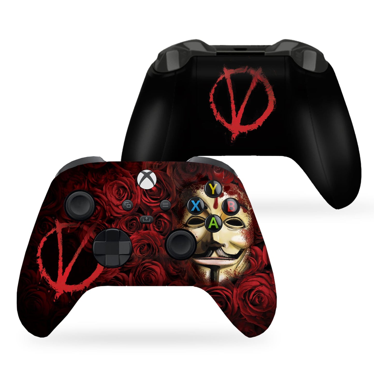 Black-and-red Xbox controller with V mask face and rose pattern, shown front and back