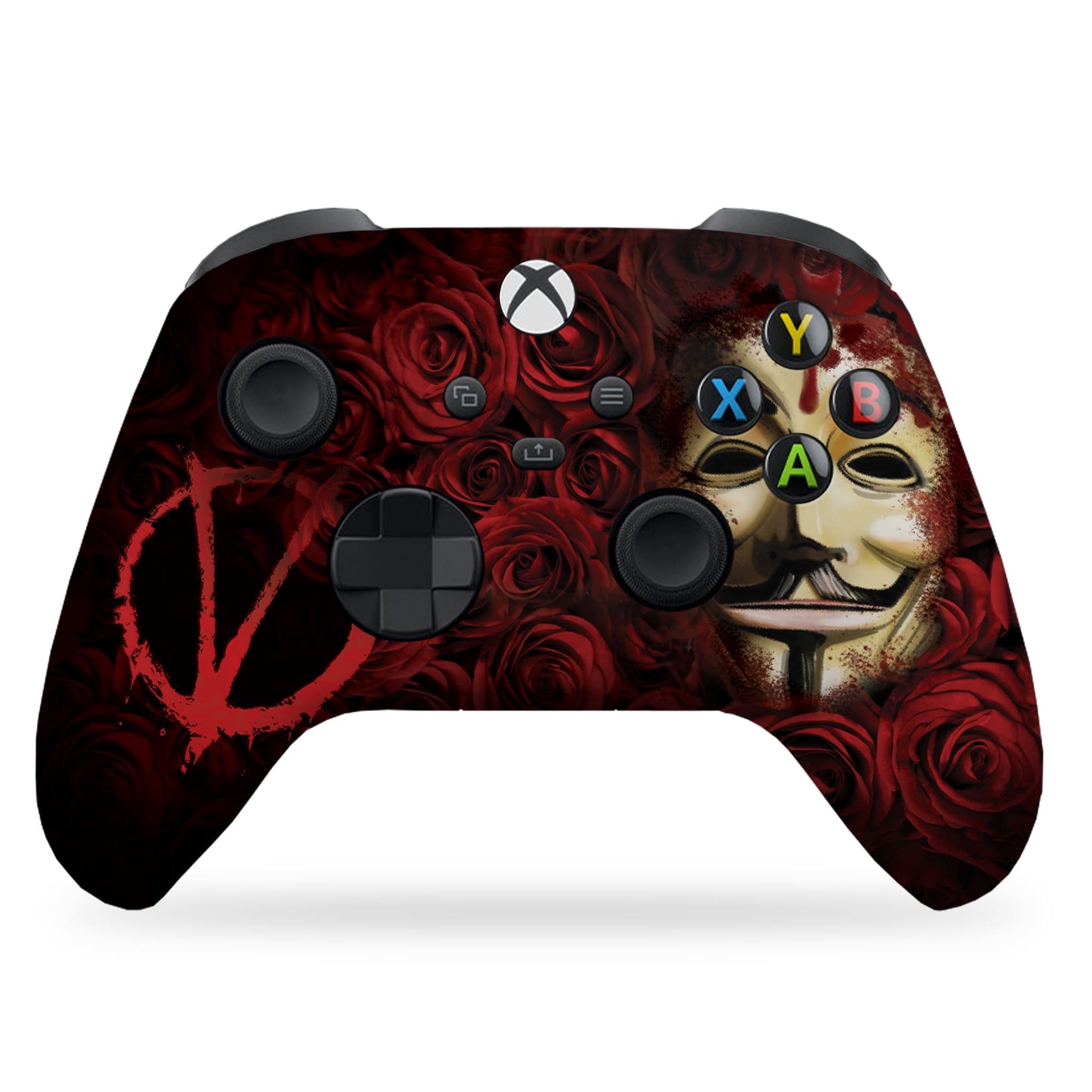 Xbox controller with red rose and V mask face artwork, plus colored A/B/X/Y button icons