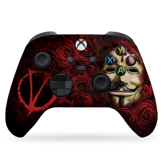 Xbox controller with red rose and V mask face artwork, plus colored A/B/X/Y button icons
