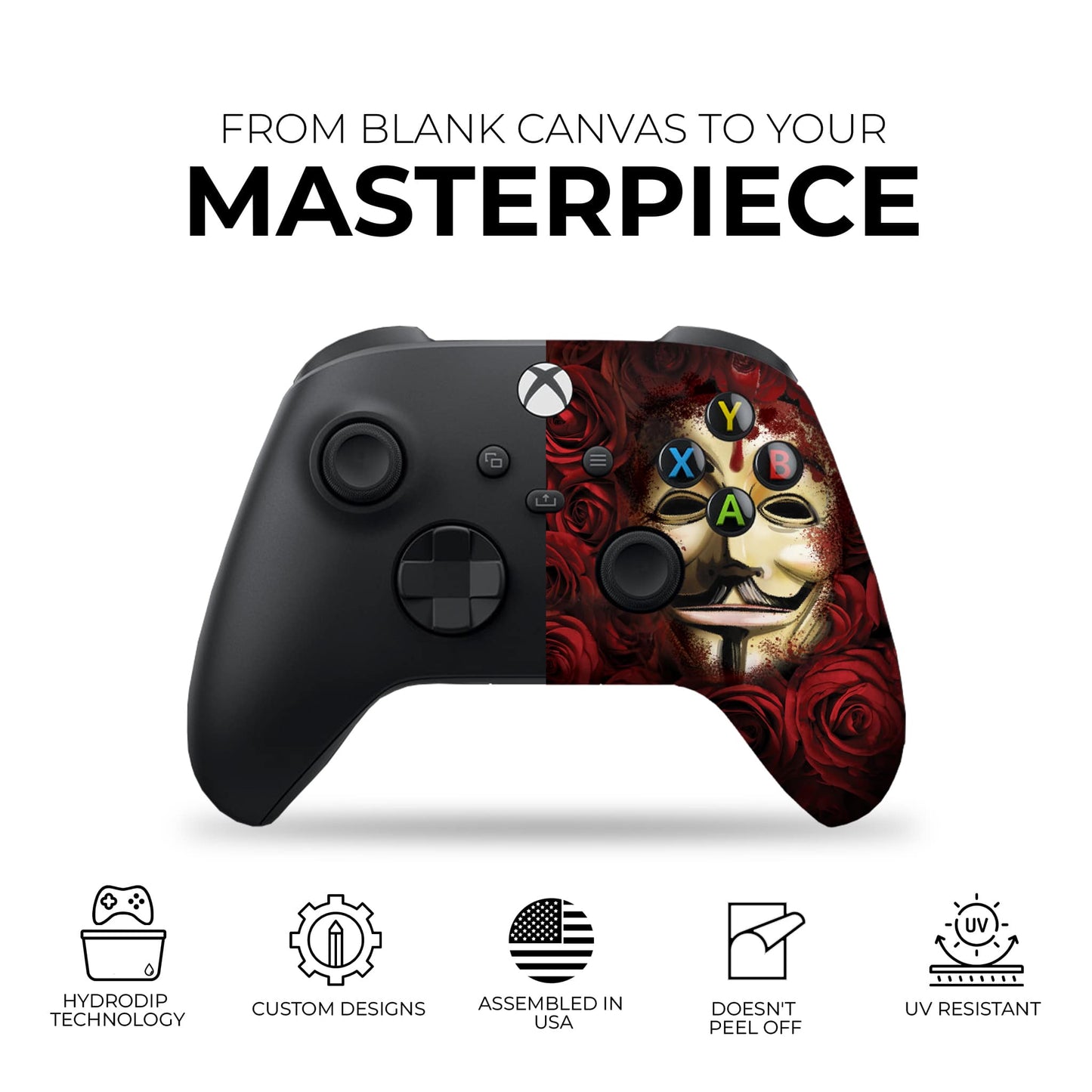 Xbox controller with red rose V mask face design on a black grip, front view