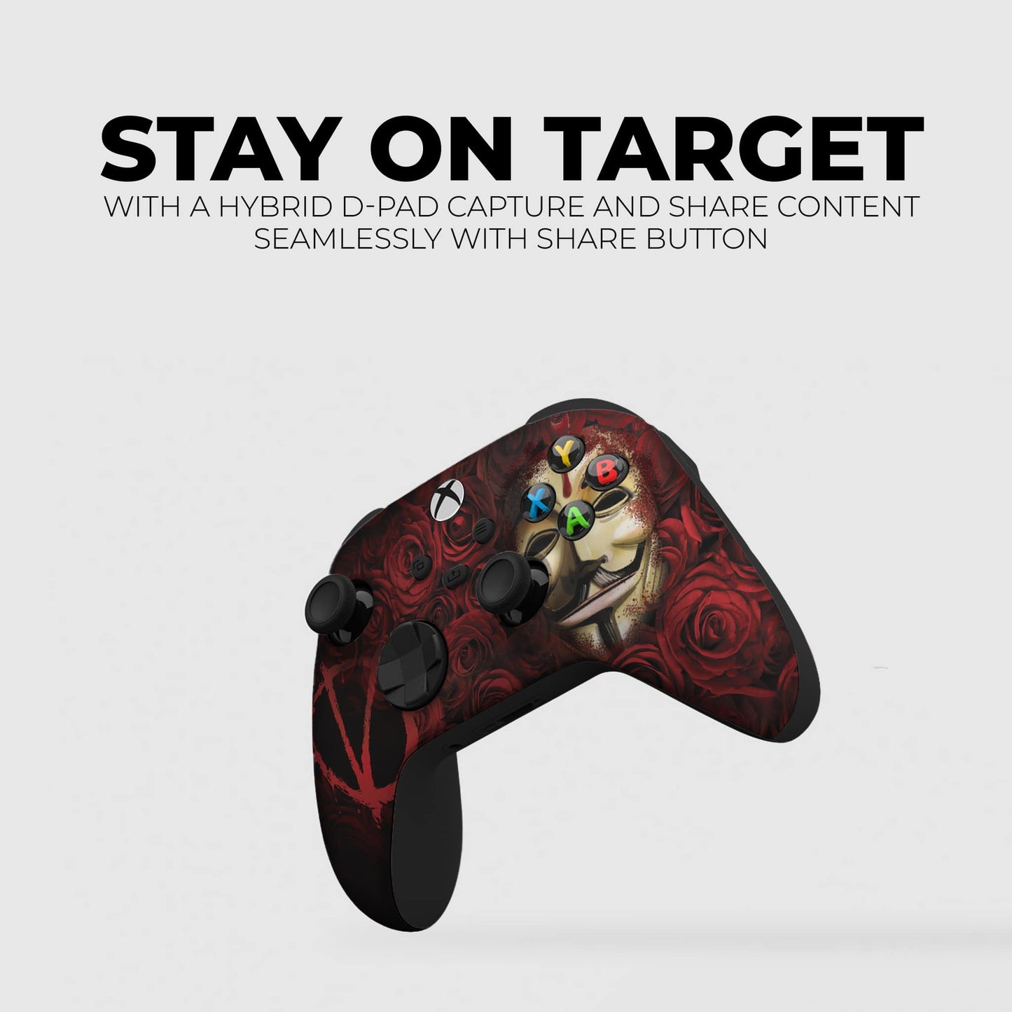 Red rose and V mask face Xbox controller shown at a slight angle with A/B/X/Y icons