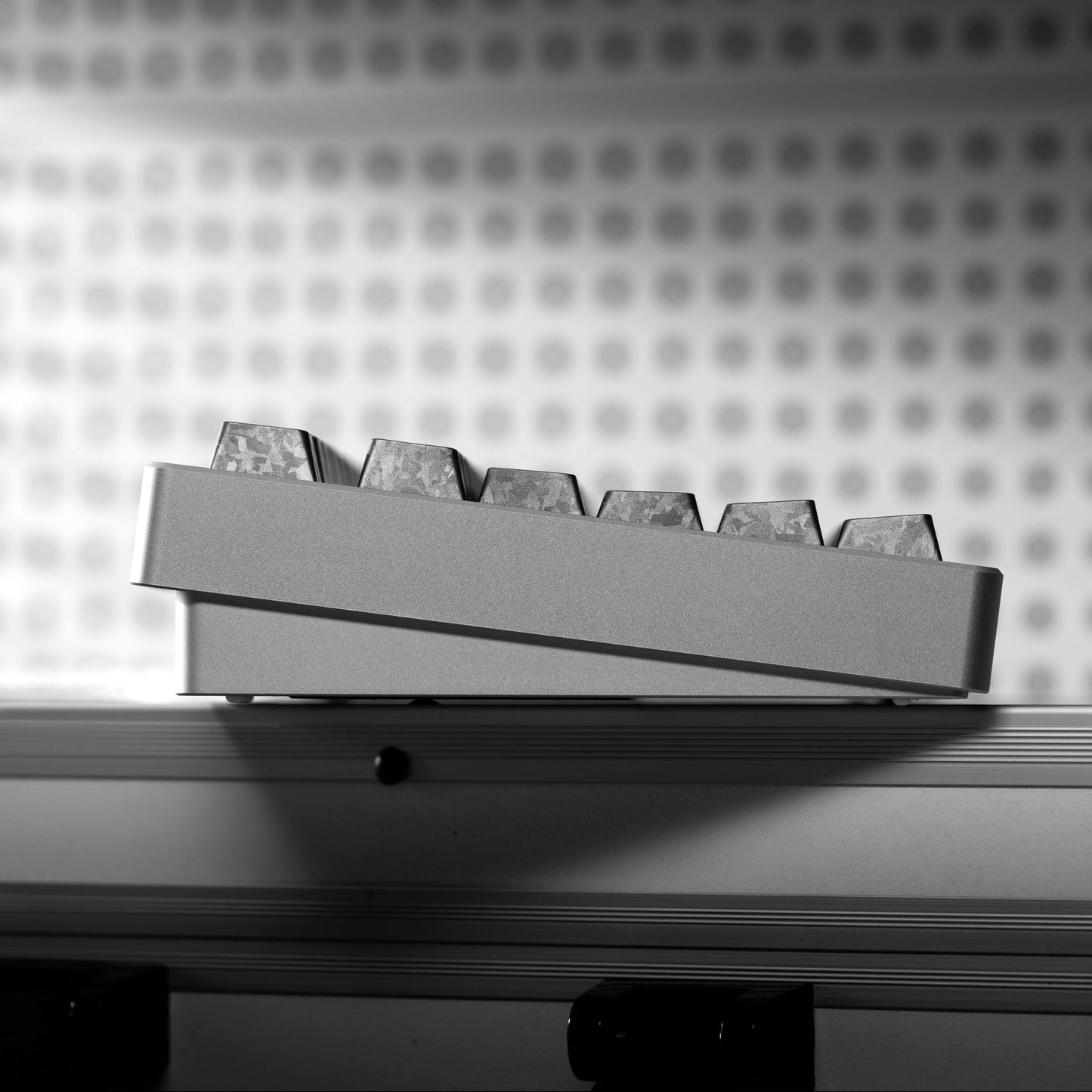 Cherry-profile clear PC keycaps on keyboard plate, side-printed legends
