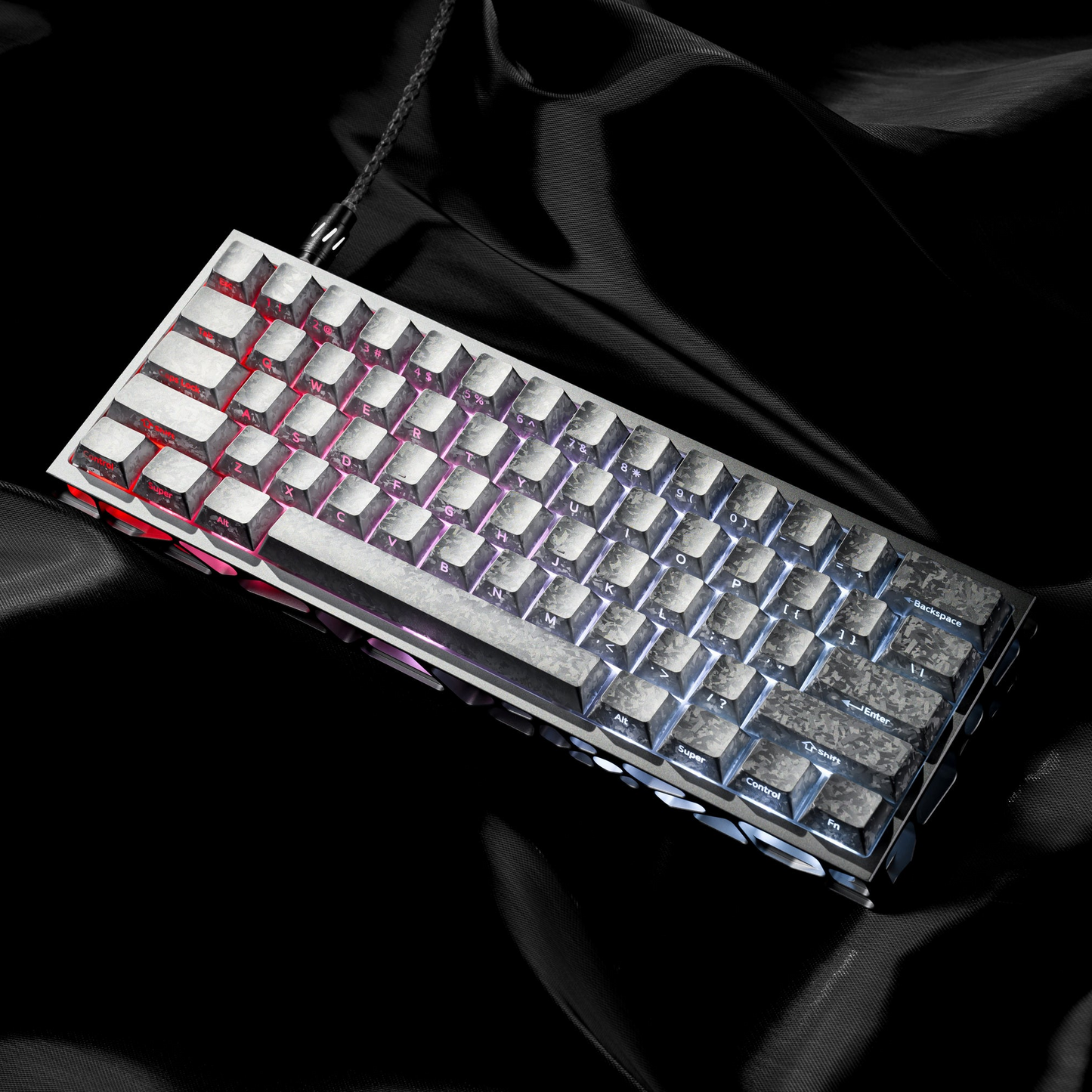 Clear cherry-profile PC keycap set with side-printed legends, multicolor backlight view