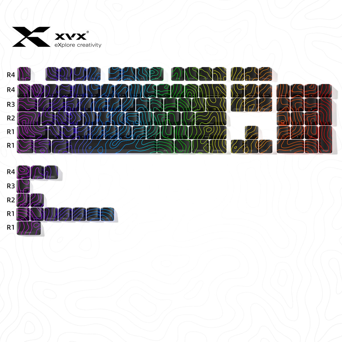 Topographic keycap set (118 keys) with multicolor purple-blue-green-orange shine-through pattern