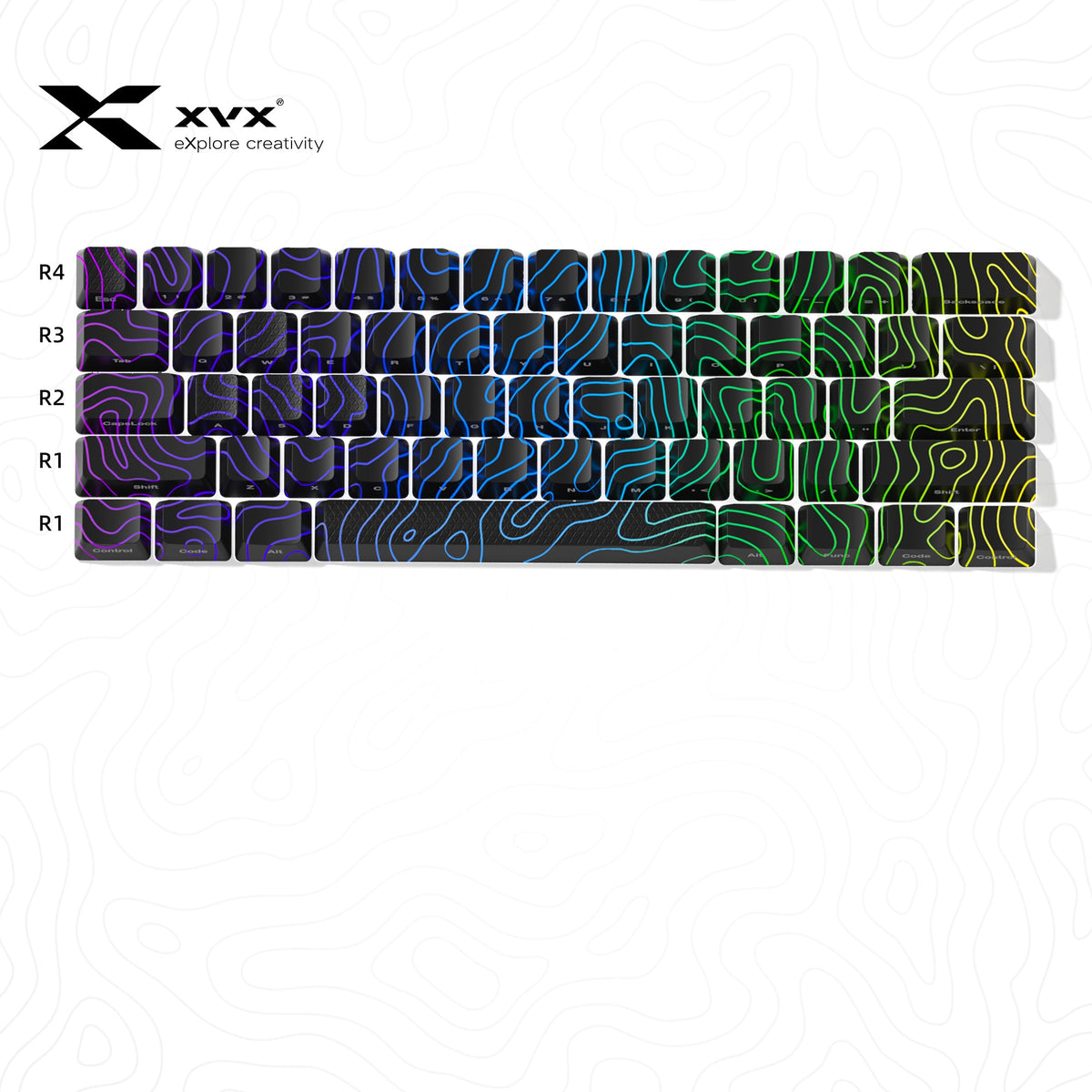Topographic keycap set (61 keys) with purple-blue to green-yellow shine-through topographic pattern