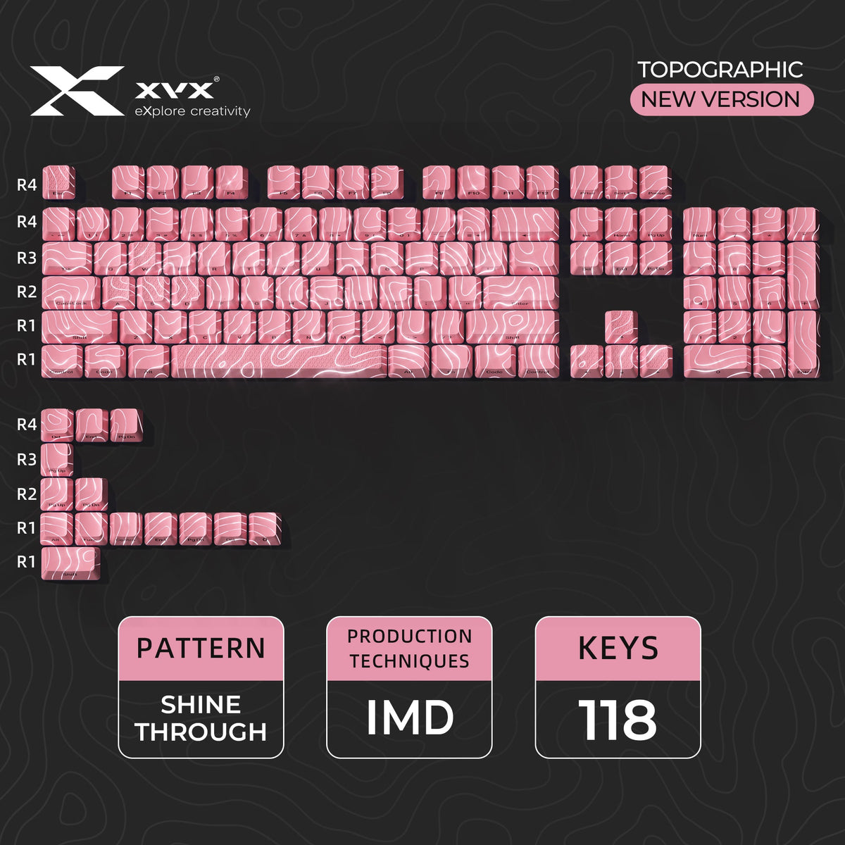 Topographic keycap set (118 keys) in pink with shine-through topographic rows