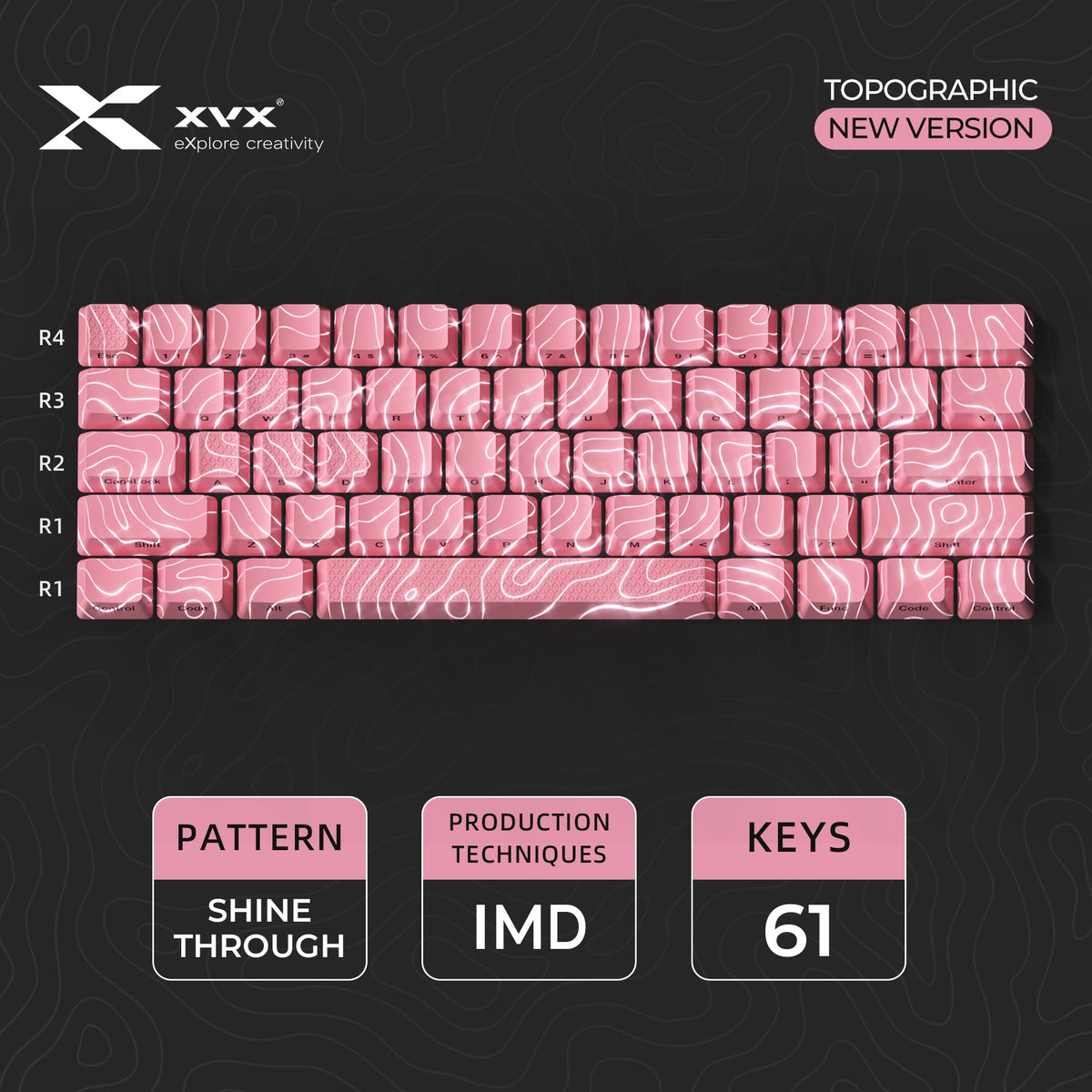 Topographic keycap set (61 keys) in light pink with shine-through topographic pattern