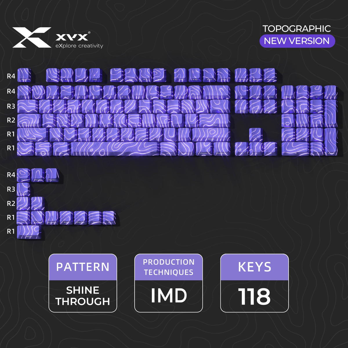 Topographic keycap set (118 keys) in blue-violet with shine-through topographic rows
