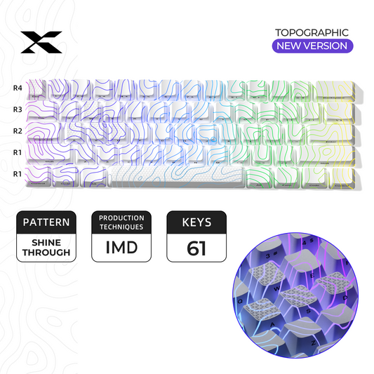 Topographic keycap set (61 keys) in white with blue-green-yellow rainbow shine-through pattern