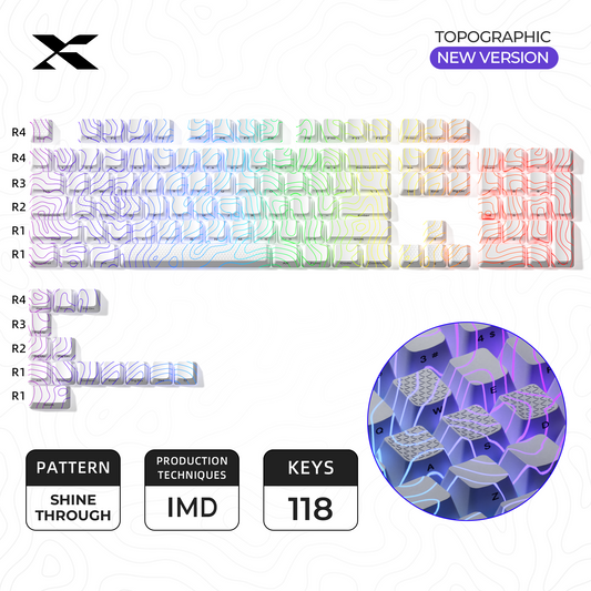 Topographic keycap set (118 keys) in white with pastel rainbow shine-through pattern