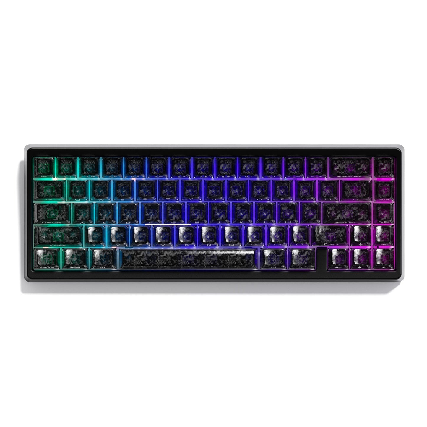 Tri-mode mechanical keyboard with dark translucent keycaps and RGB backlighting across layout