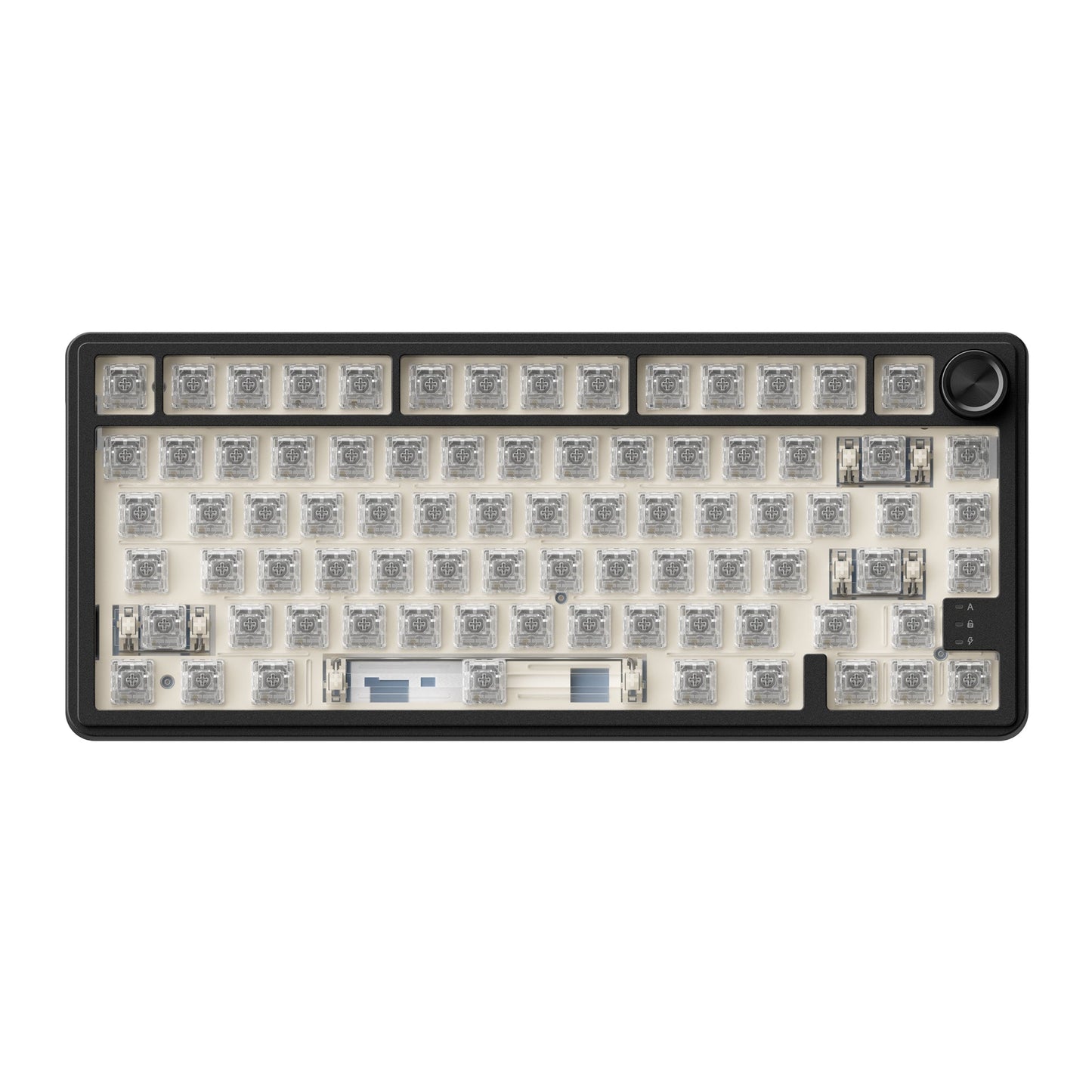 75% barebone keyboard showing exposed switches with black frame and rotary knob