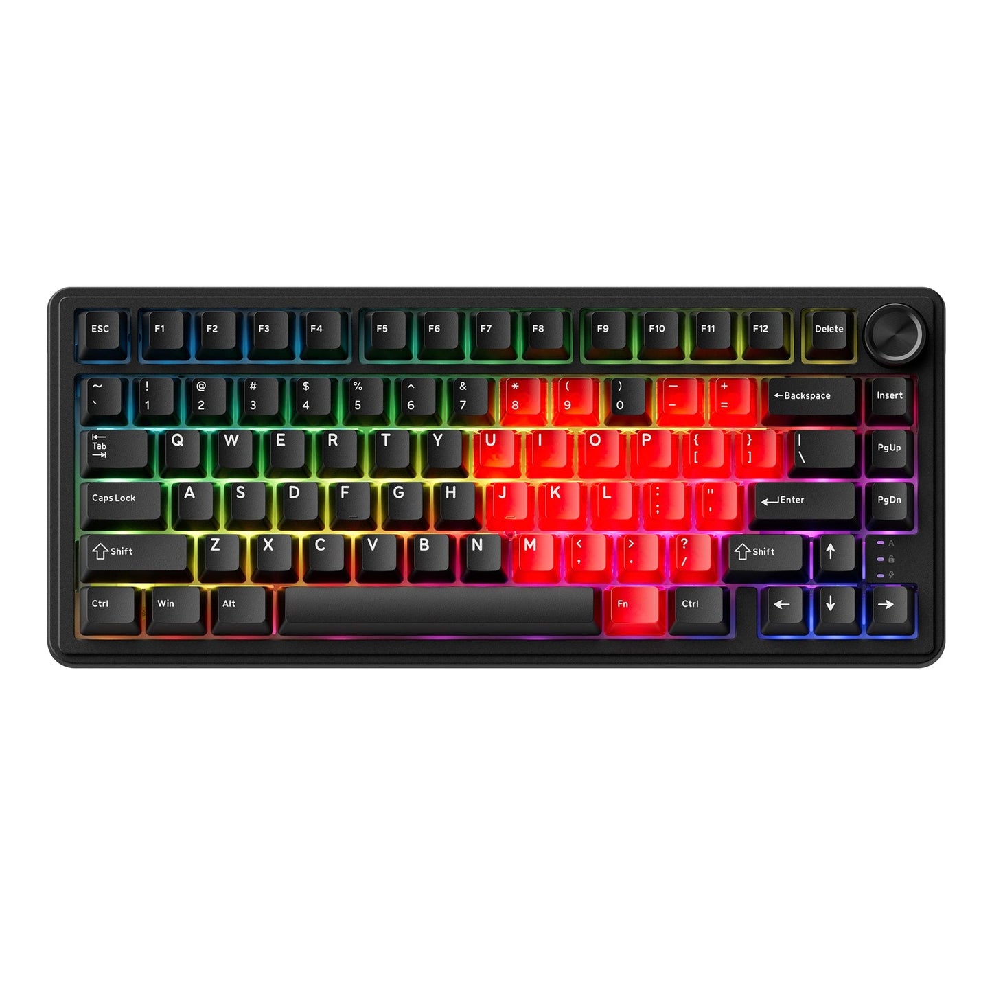 75% mechanical keyboard with black case, red RGB keycaps, and black rotary knob