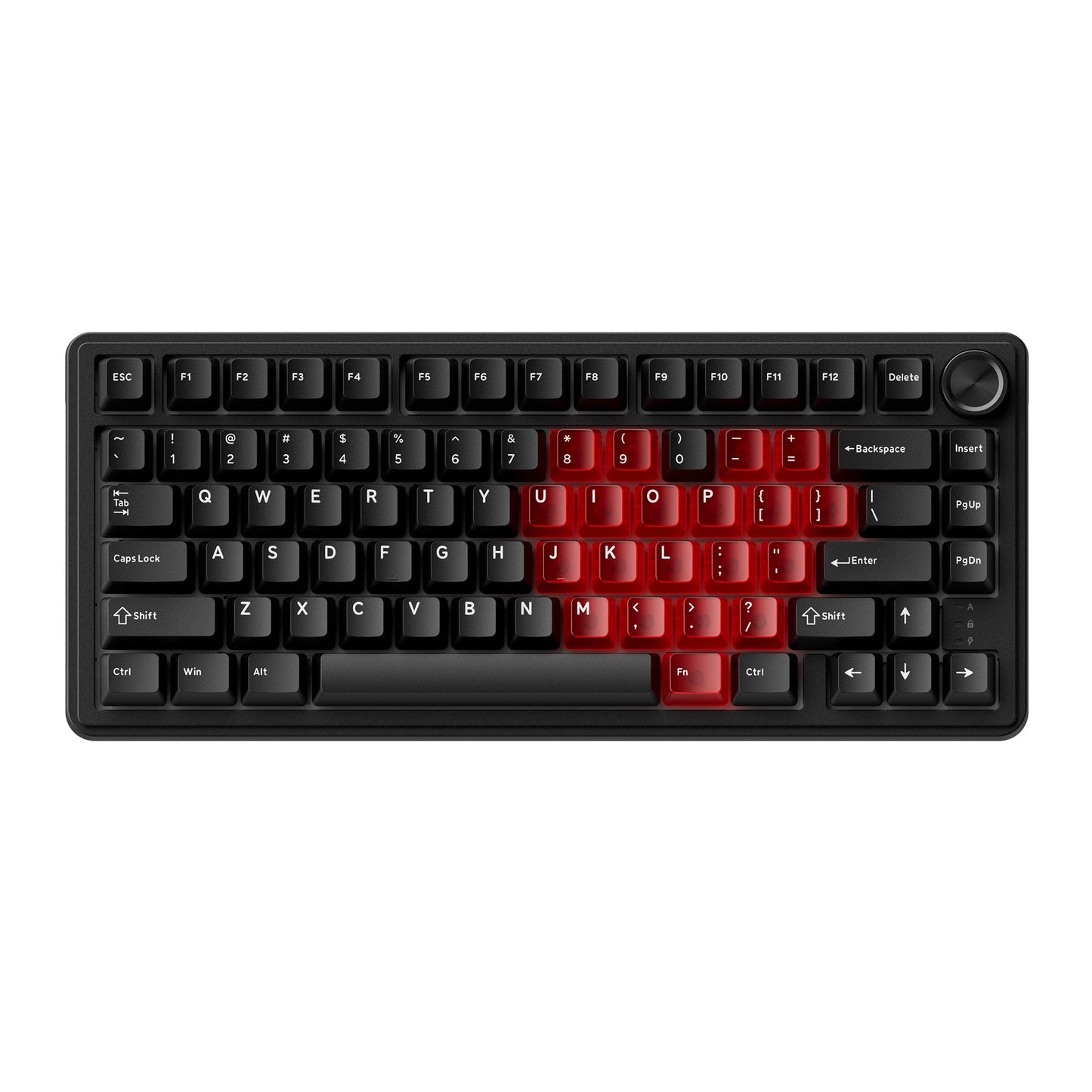 75% mechanical keyboard with black case, red RGB cluster, and black rotary knob