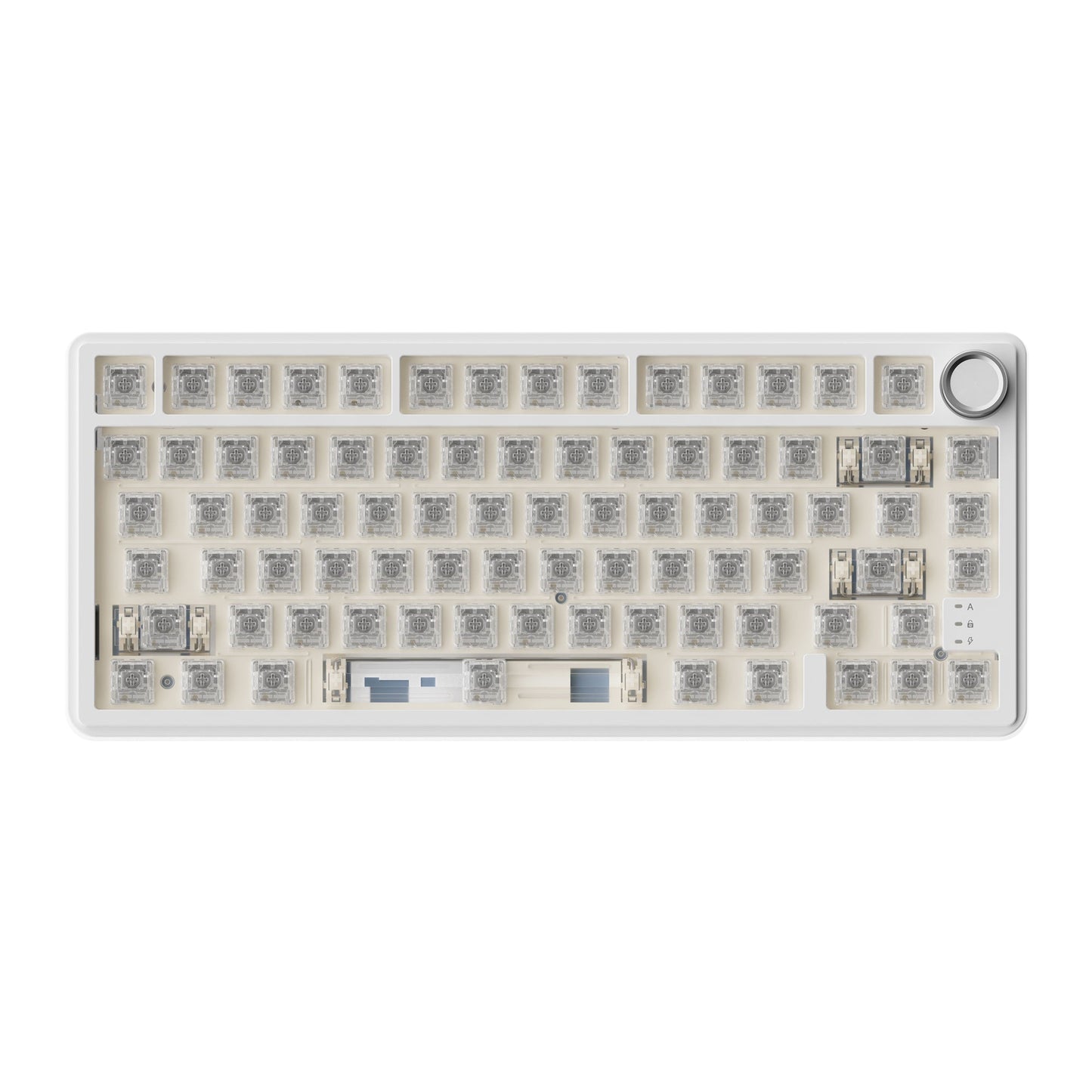 75% barebone keyboard with exposed switches, white frame, and silver rotary knob