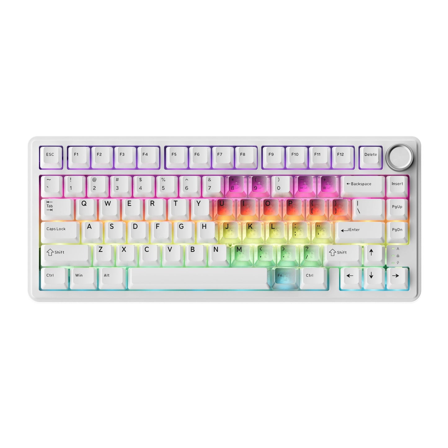75% mechanical keyboard with white keycaps and colorful RGB lighting, silver rotary knob
