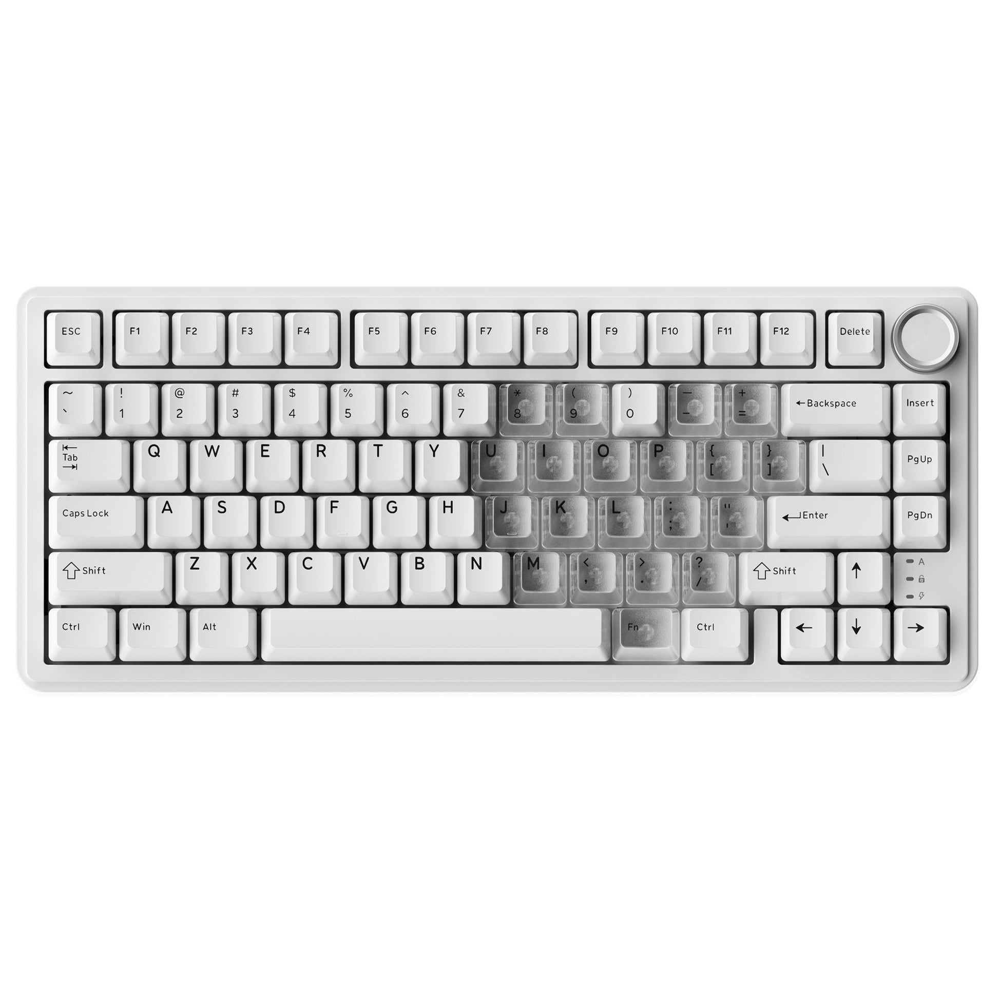75% mechanical keyboard with white keycaps and silver rotary knob, fully assembled