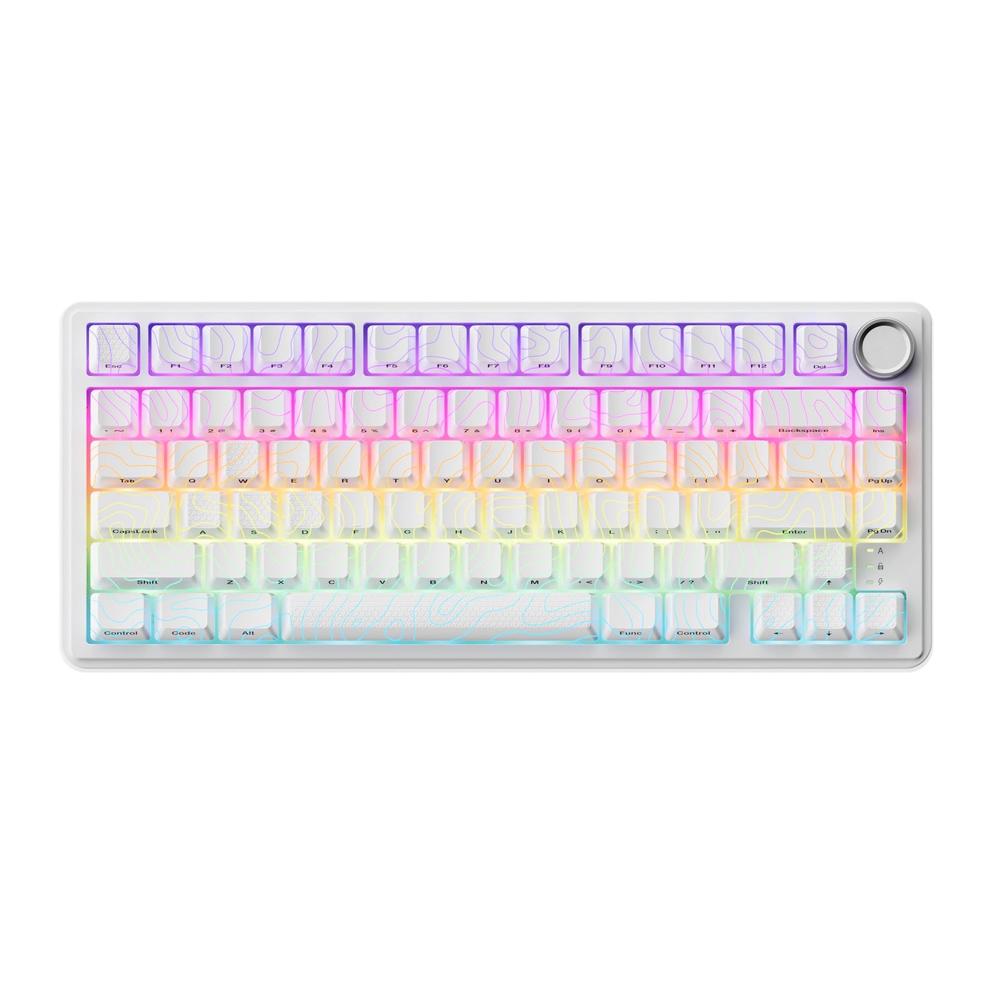 75% mechanical keyboard with white keycaps and multicolor RGB lighting, silver rotary knob