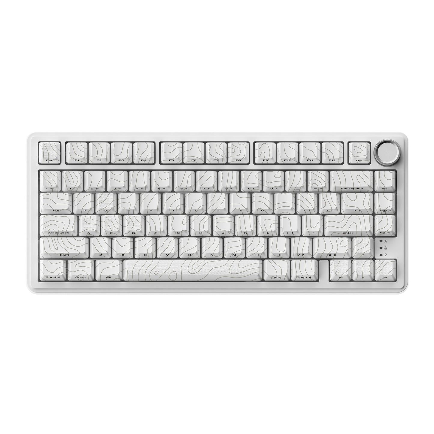 75% mechanical keyboard with white patterned keycaps and silver rotary knob
