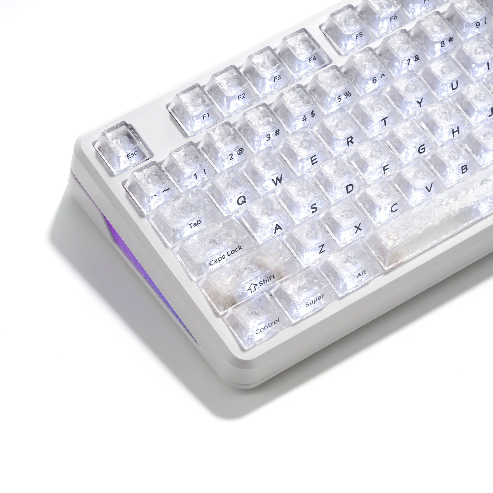 White wireless mechanical keyboard with translucent keycaps and purple edge lighting