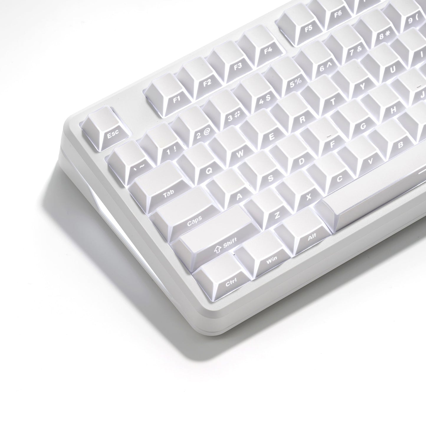 White translucent wireless mechanical keyboard, sculpted keycaps with printed legends