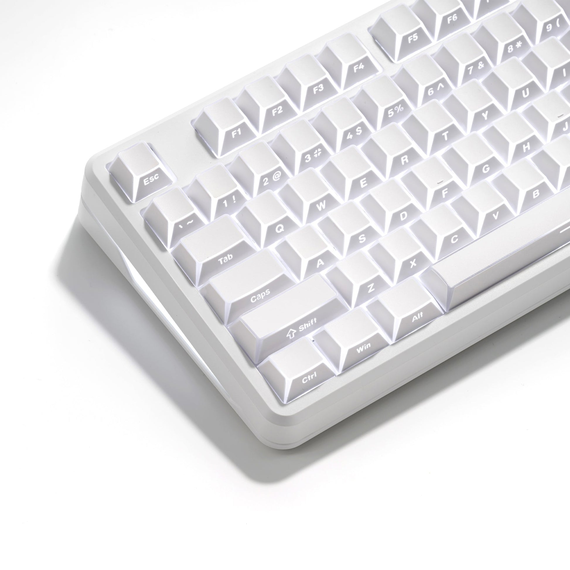White translucent wireless mechanical keyboard, sculpted keycaps with printed legends