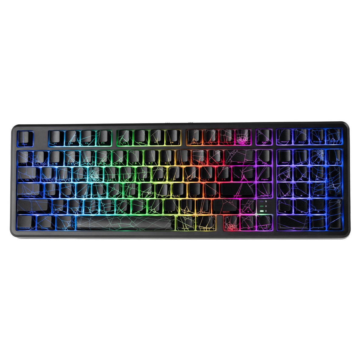 Black mechanical keyboard with RGB backlit keys in neat grid layout