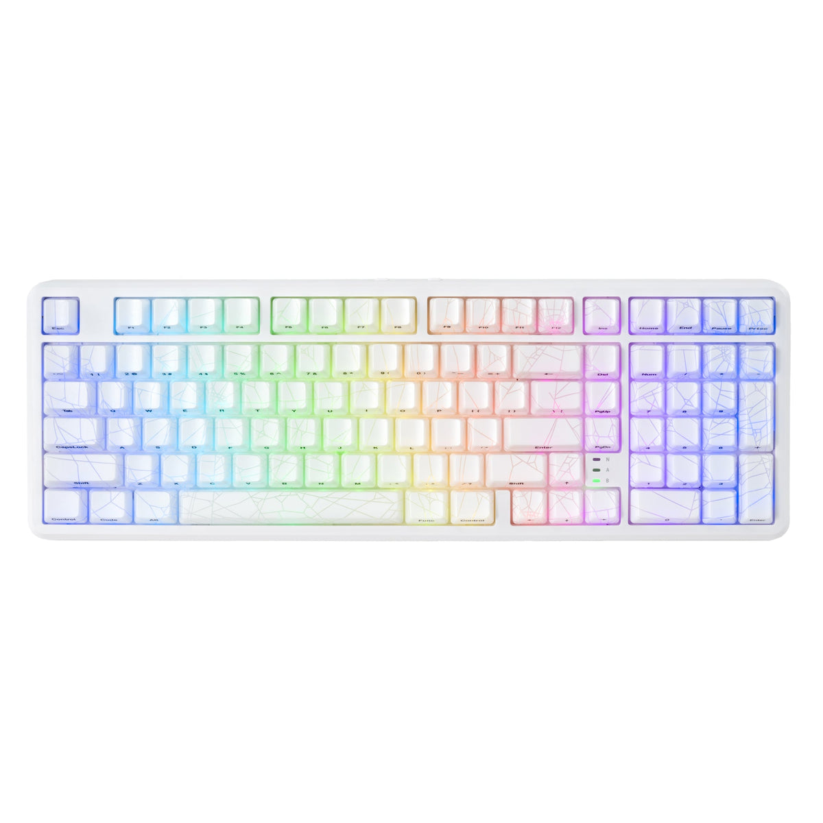 White mechanical keyboard with RGB backlit keys, multicolor border and layout