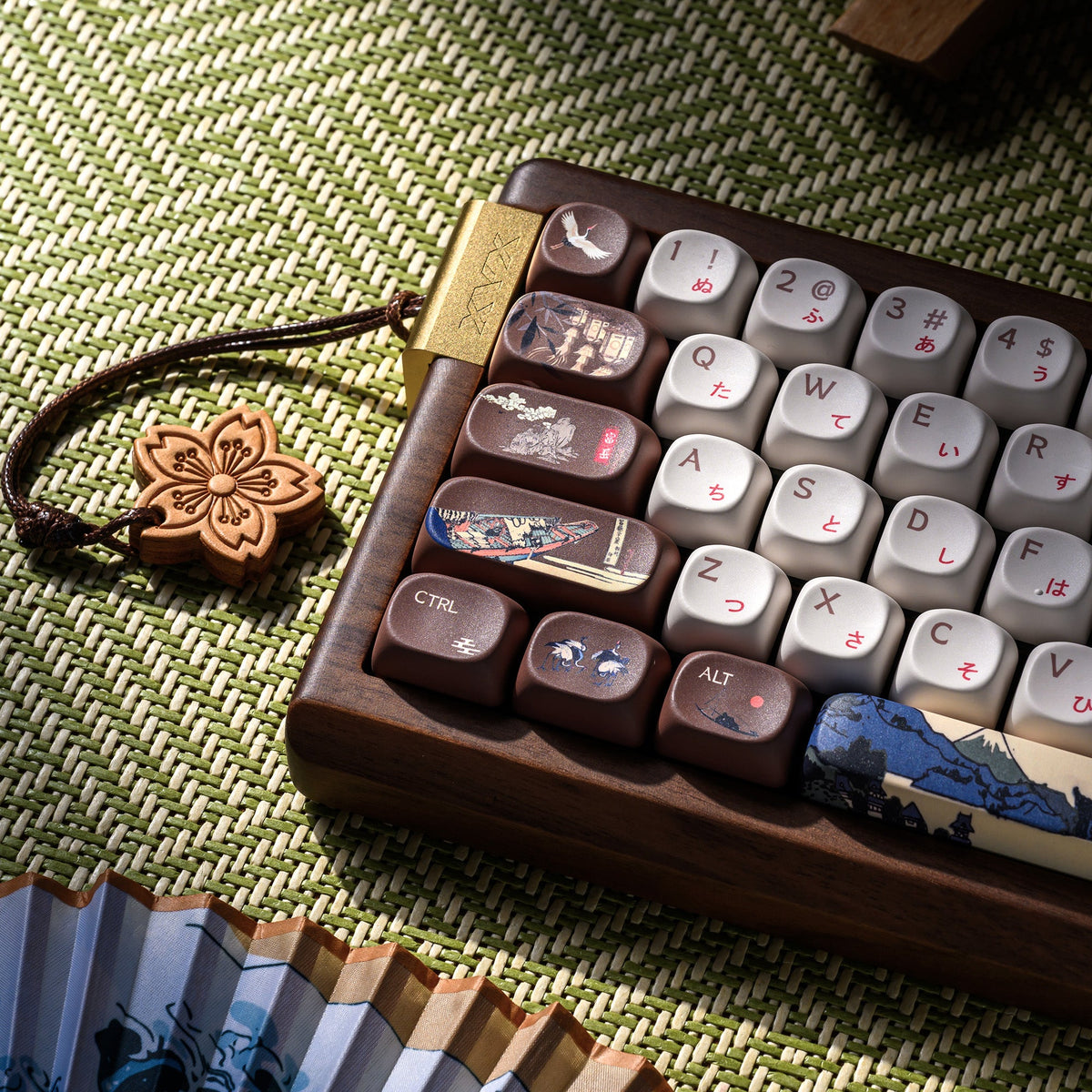 Wireless mechanical keyboard close-up showing themed keycaps and wood top housing