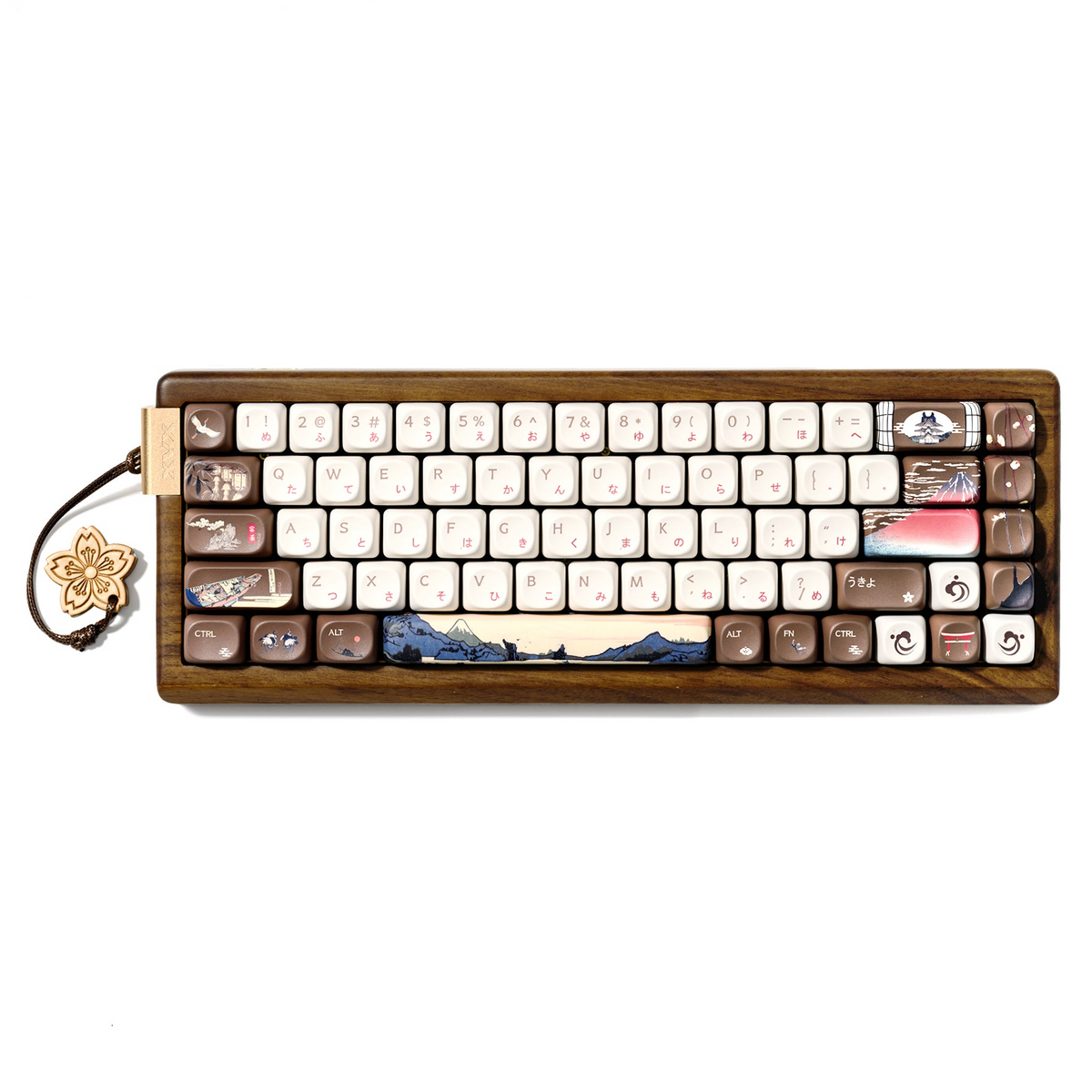 Wireless mechanical keyboard with white keycaps, dark wood border, and landscape-themed keys