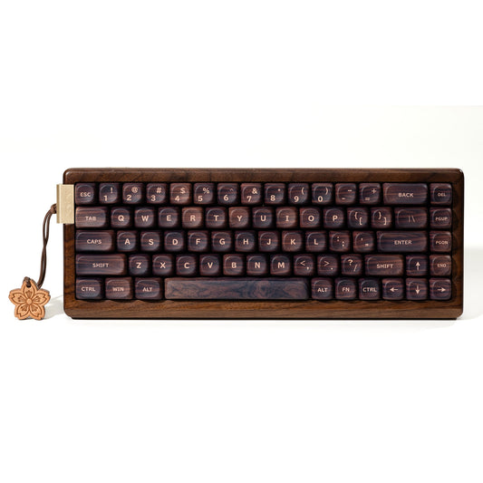 Wireless mechanical keyboard with dark wood case and dark keycaps, full layout