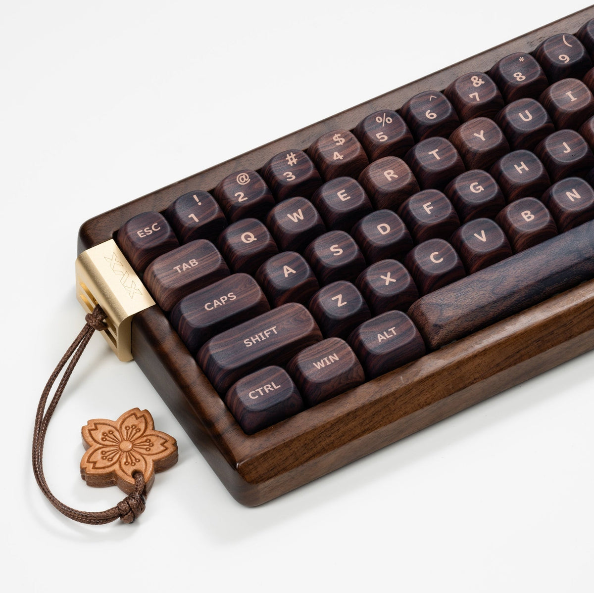 Wireless mechanical keyboard top view with dark wood frame and light keycaps, ESC to Shift