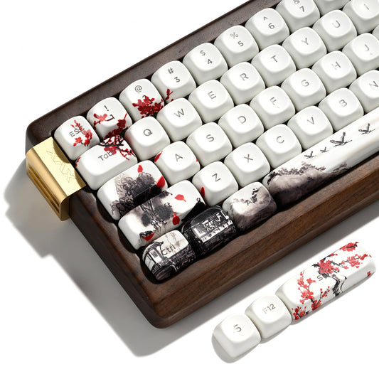 White keycaps on dark wooden base with red plum blossom decals and black scene legends