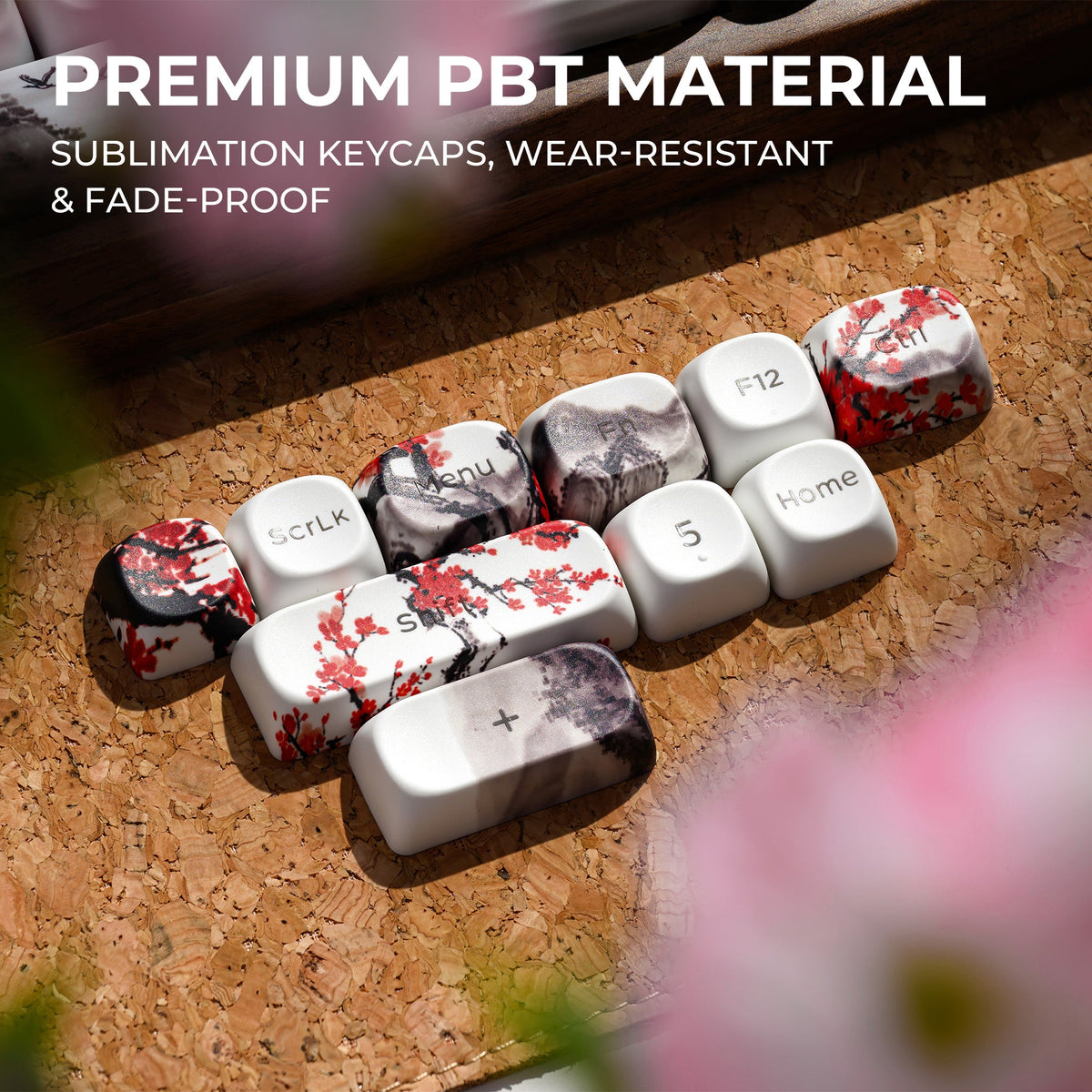 White MOA profile keycaps with red plum blossom decals and black-and-gray accents on cork