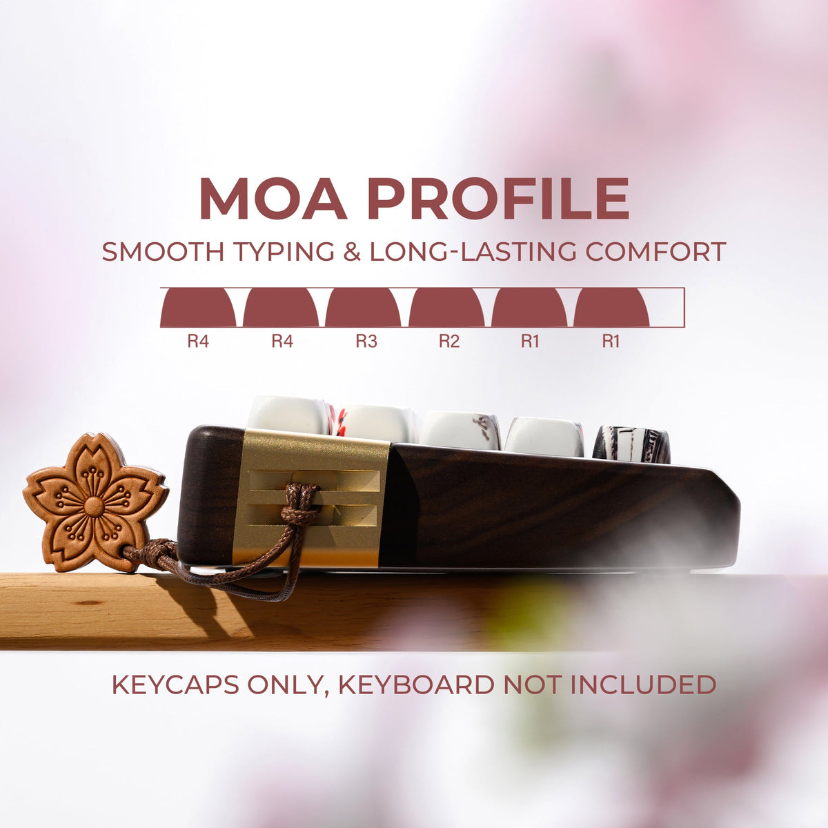 MOA profile keycaps in dark wooden case with plum blossom pattern accents and key spacing